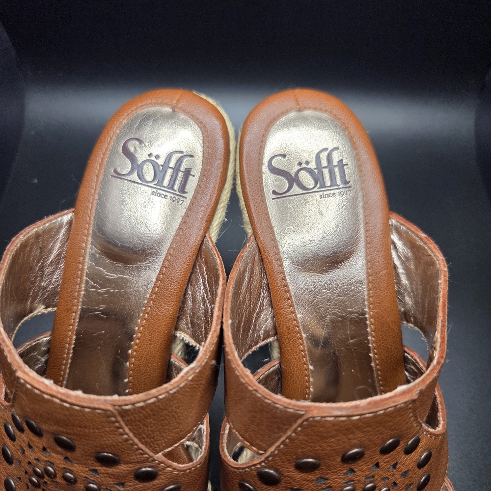 Söfft Leather Studded Cutout Espadrille Wedge Mule Sandals 6.5M Cognac - Picture 8 of 11